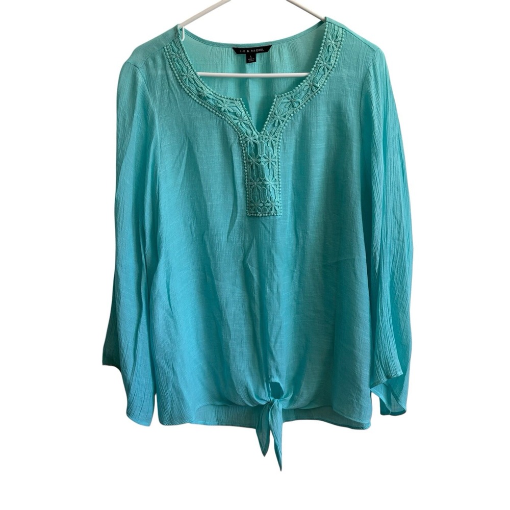 Zac & Rachel Pullover Peasant Top Women's L Aqua Flowy Boho Blouse Teal‎ Beachy